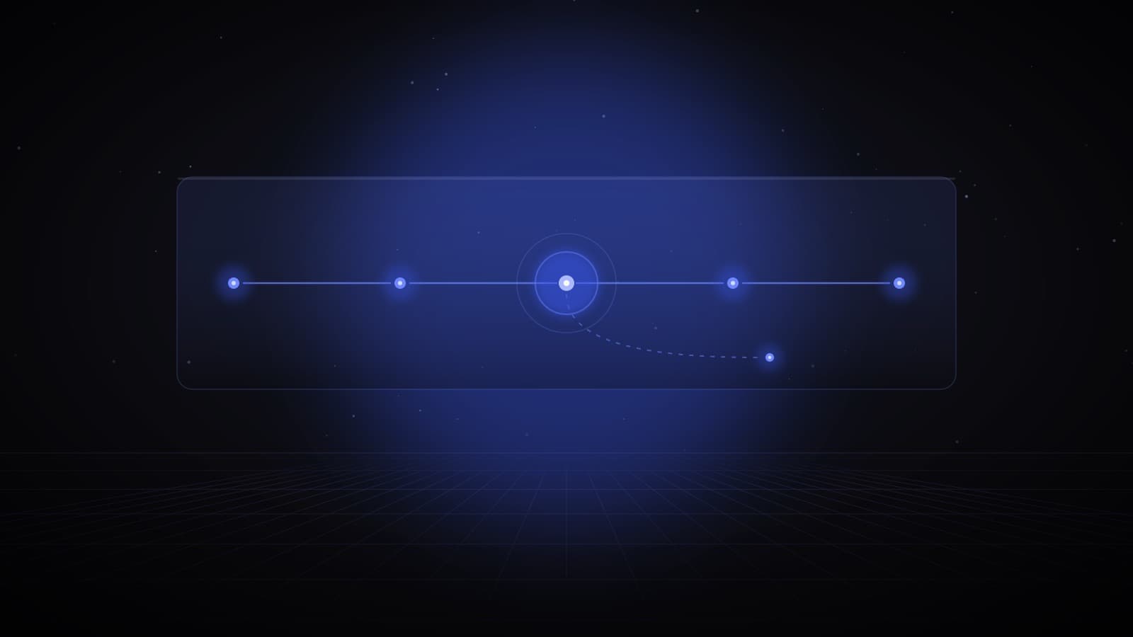 A glass board with a glowing five-step workflow, one highlighted decision node and an exception path — AI agents for business