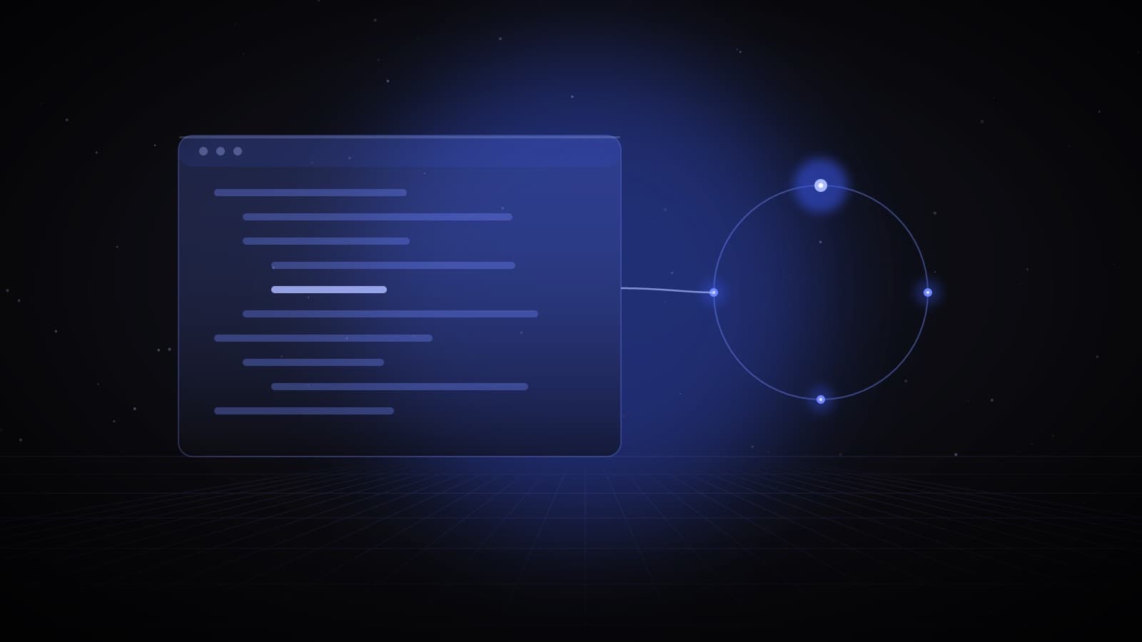 A glass code editor window linked by a line of light to a glowing loop of checkpoints — AI coding agents