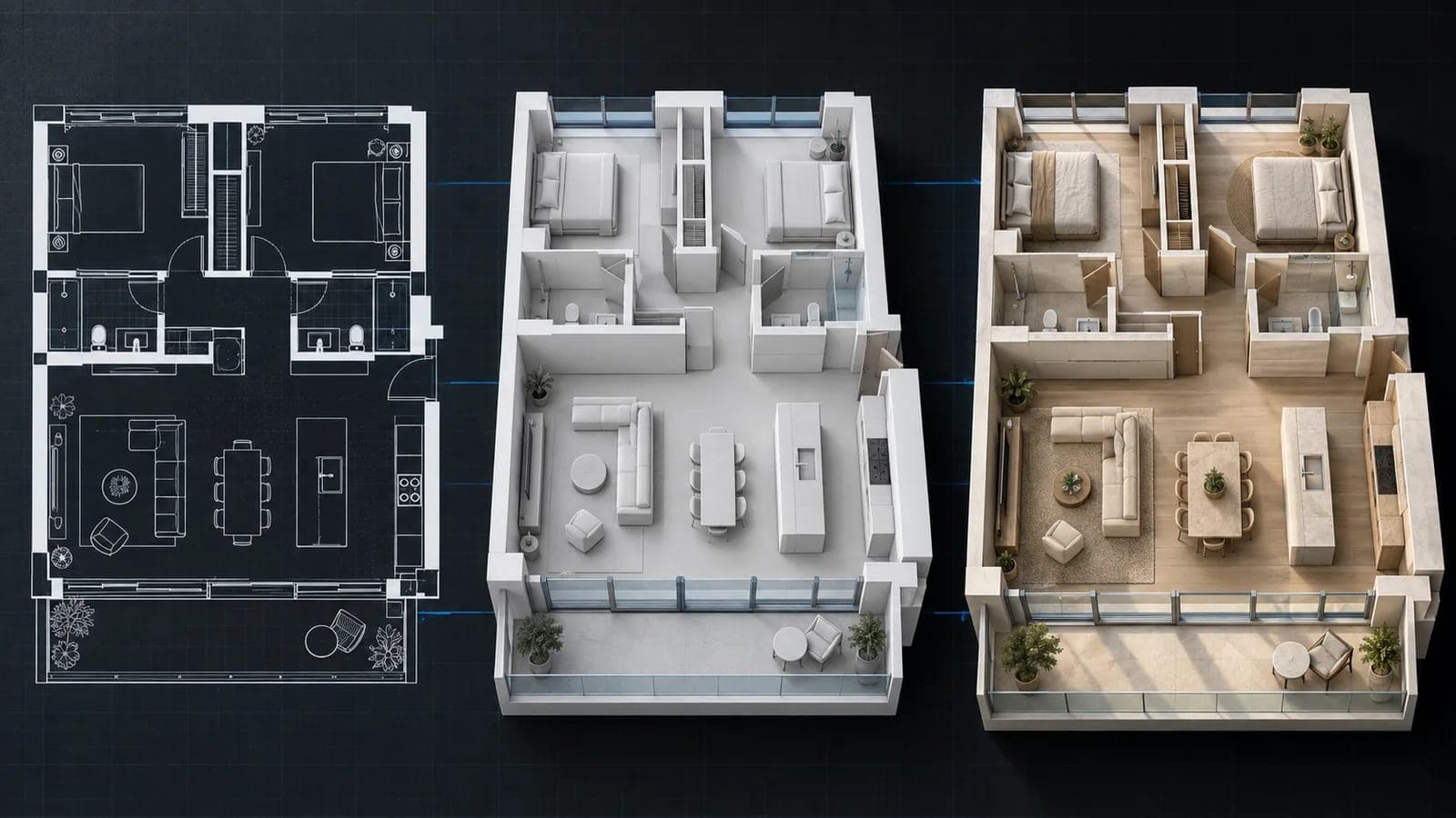 A two-bedroom apartment progressing from a 2D floor plan through a white 3D blockout to a furnished architectural visualization