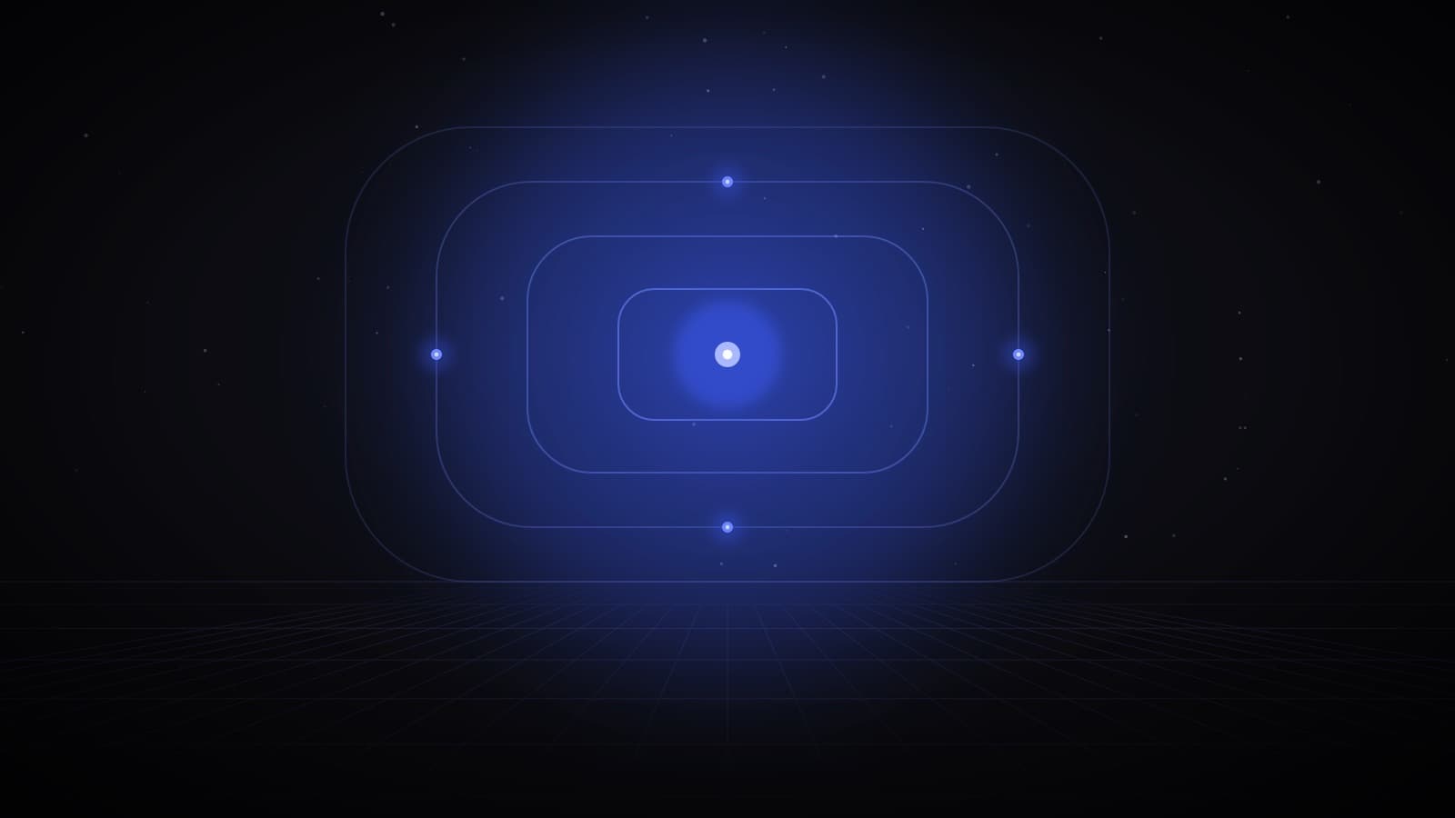 A glowing core inside concentric rounded boundaries with checkpoints on each layer — AI governance