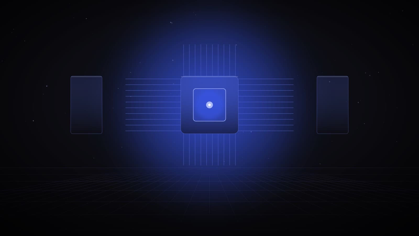 A glowing processor at the centre of a grid of light lines, flanked by two server racks — AI infrastructure investment