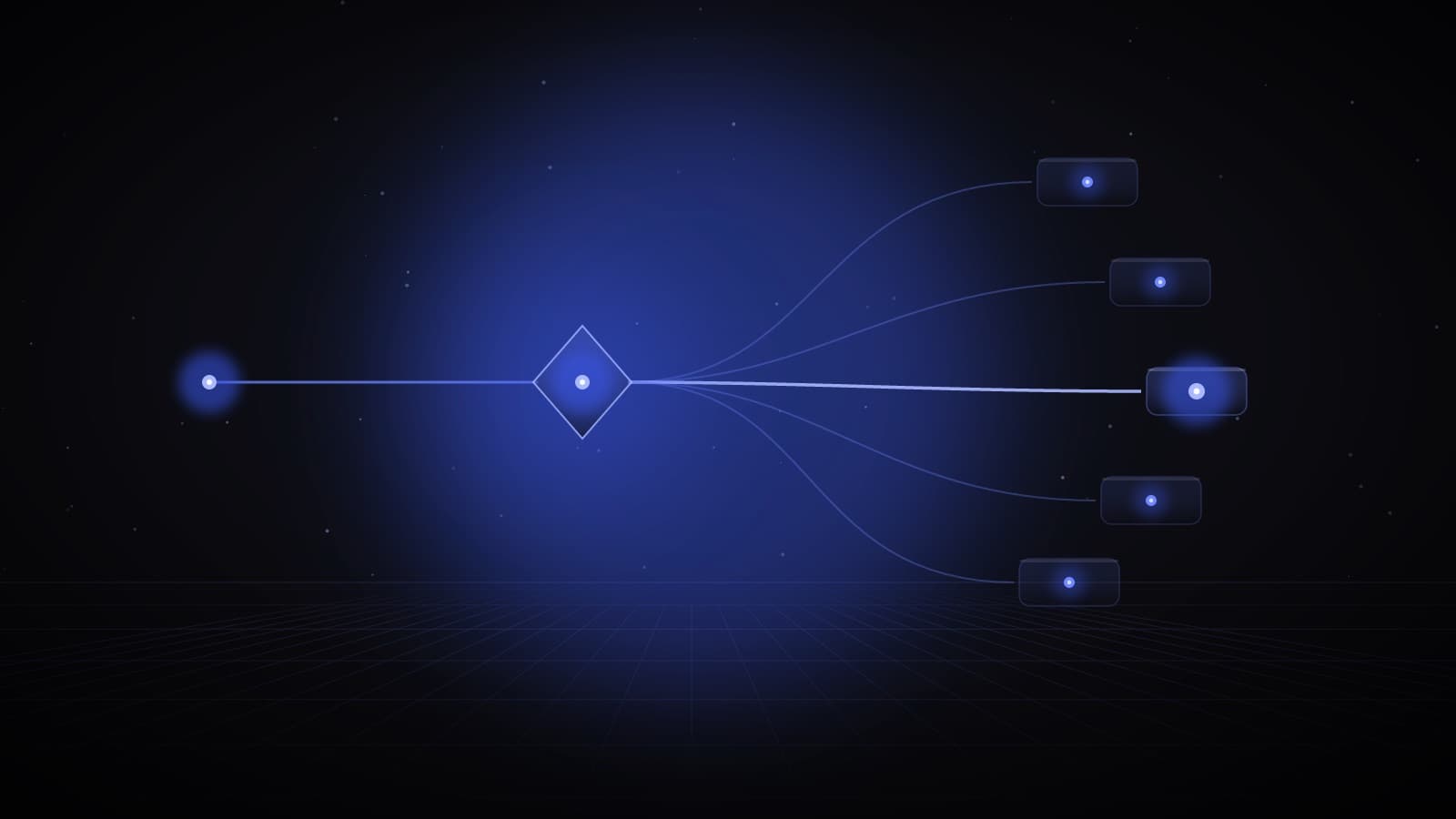 A beam of blue light hitting a glass splitter and branching into five paths, one glowing brighter — AI lead routing for real estate