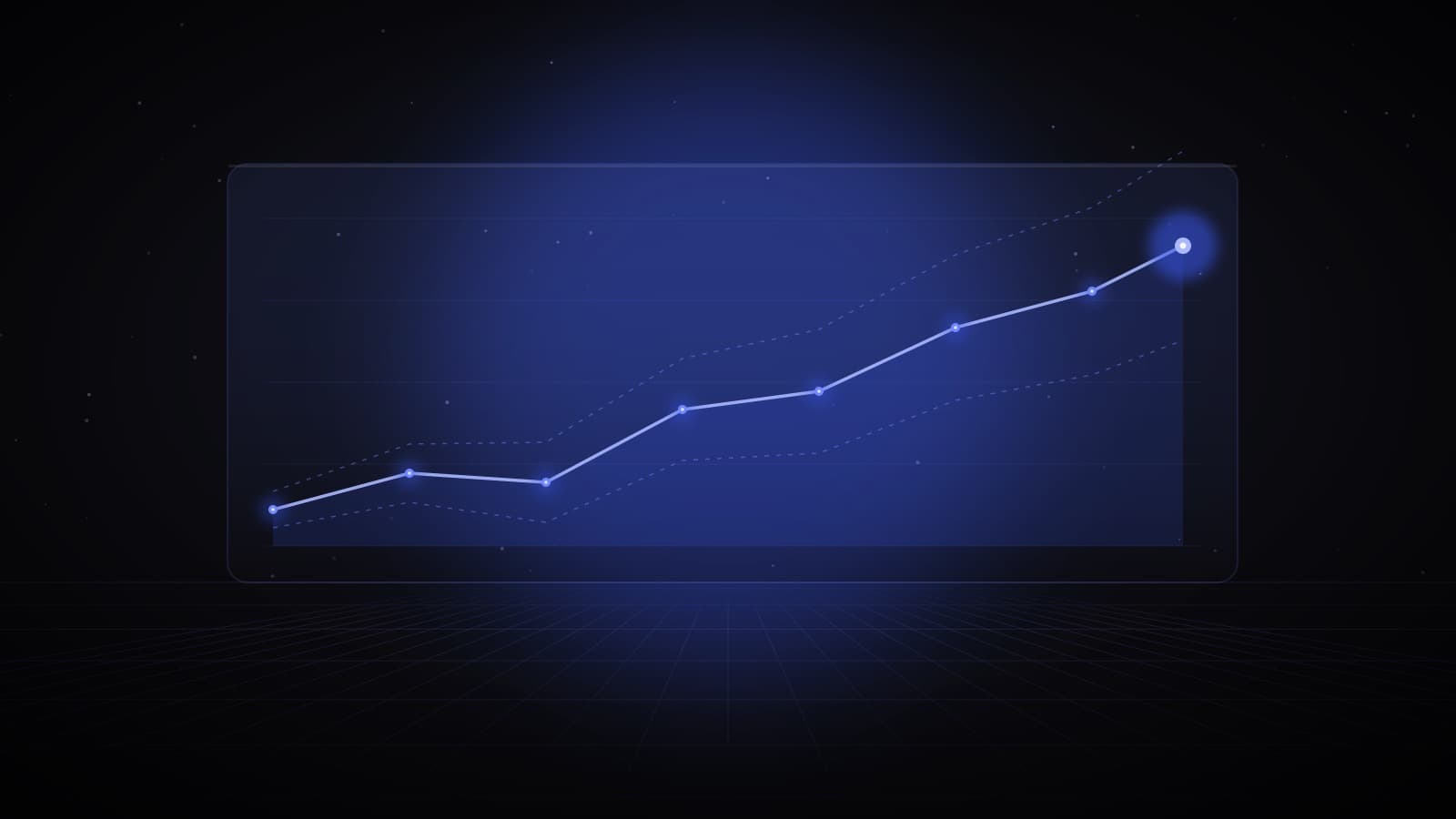 A glowing line chart rising across a glass panel, with dashed upper and lower scenario bands — AI real estate investment analysis