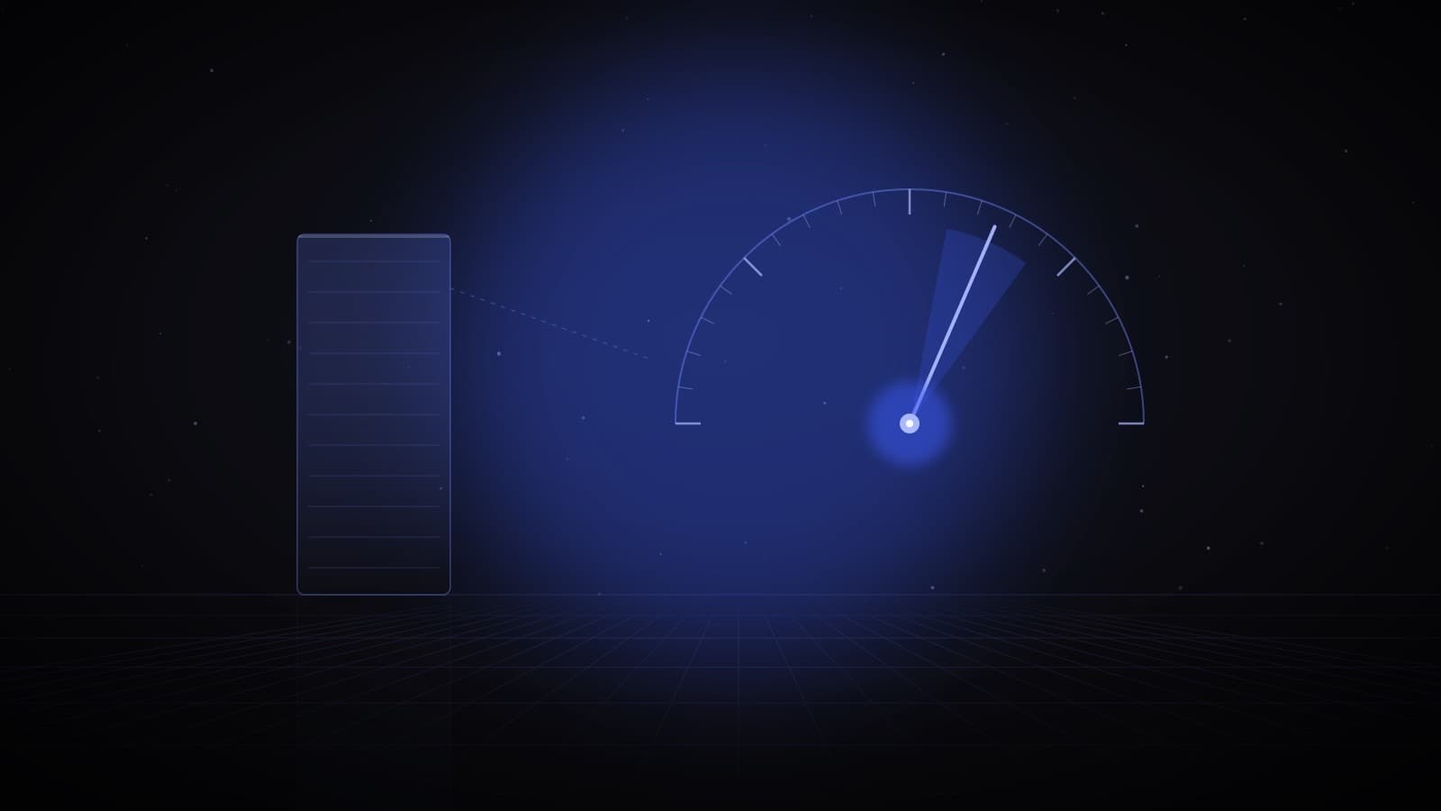 A glass tower beside a glowing gauge whose needle sits inside a shaded confidence band — AI property valuation