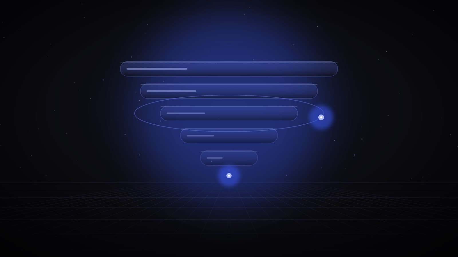 Stacked glass bars narrowing into a funnel, circled by a glowing orbit — AI real estate CRM pipeline