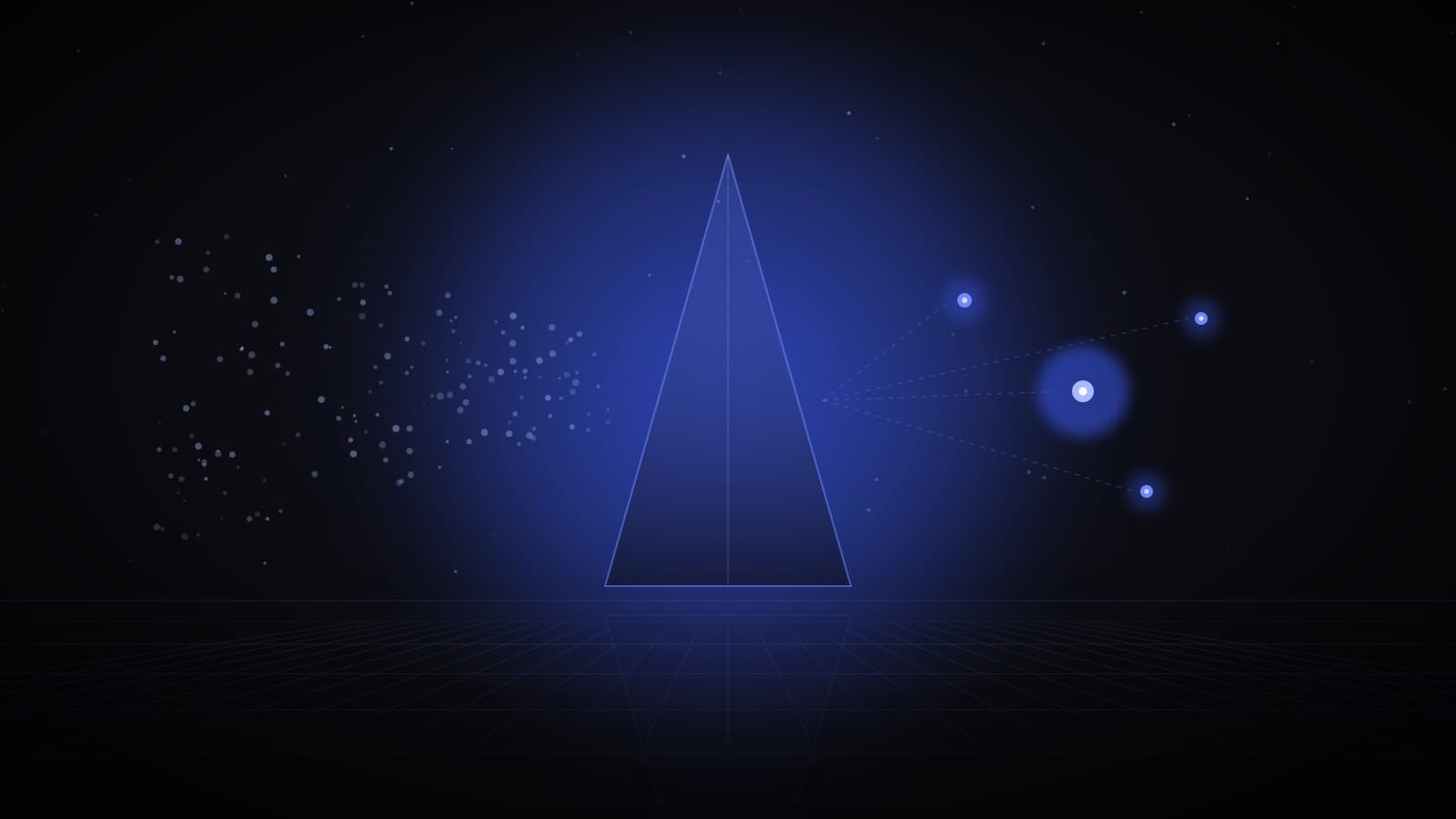 A stream of faint particles entering a glass prism, with a few bright blue spheres leaving the other side — AI real estate lead qualification