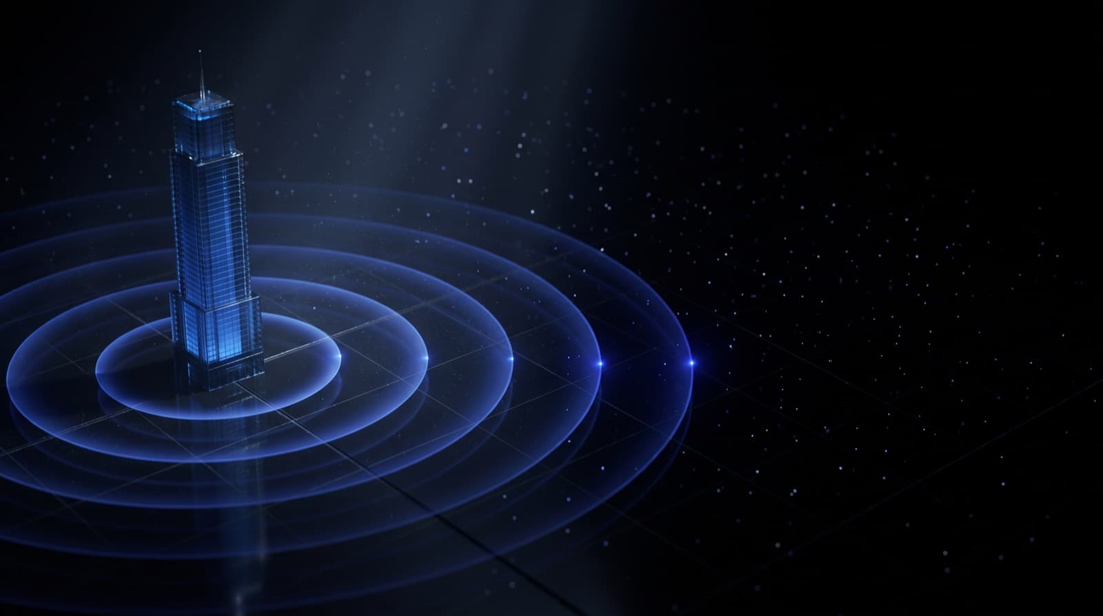 A glass skyscraper model sending ultramarine signal rings across a dark floor toward a field of points of light — AI real estate marketing
