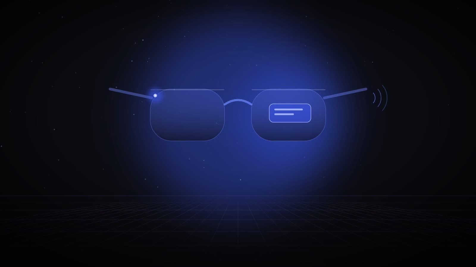 A pair of glowing AI glasses with a small capture light on one hinge, a text panel in the right lens and sound waves from the arm — AI wearables
