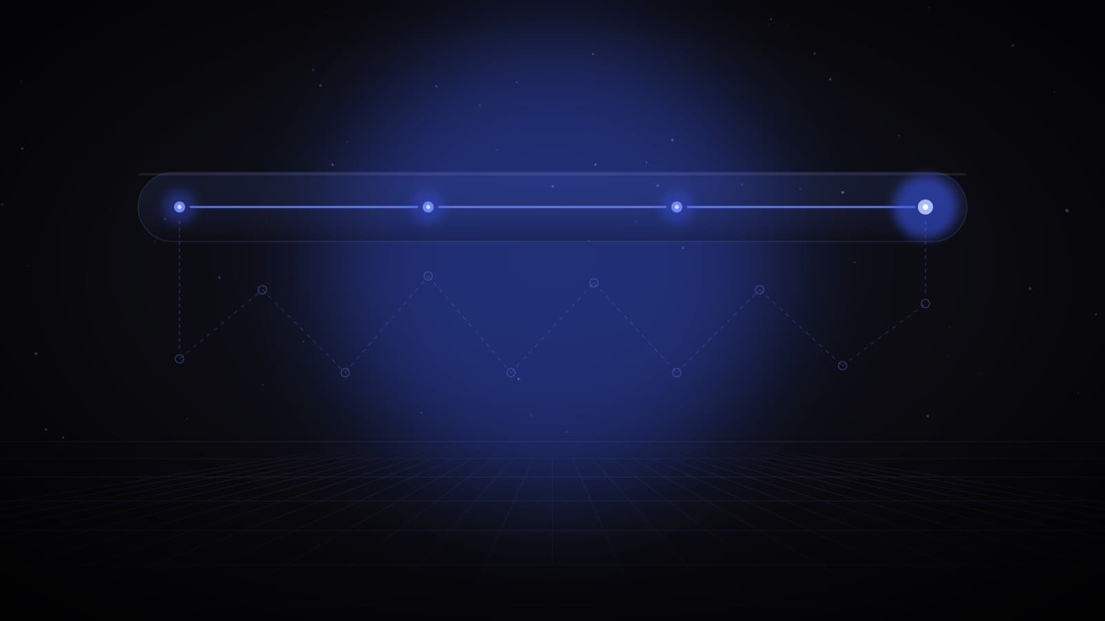 A faint zig-zag of old hand-offs below a single clean glowing path with four steps — AI workflow redesign