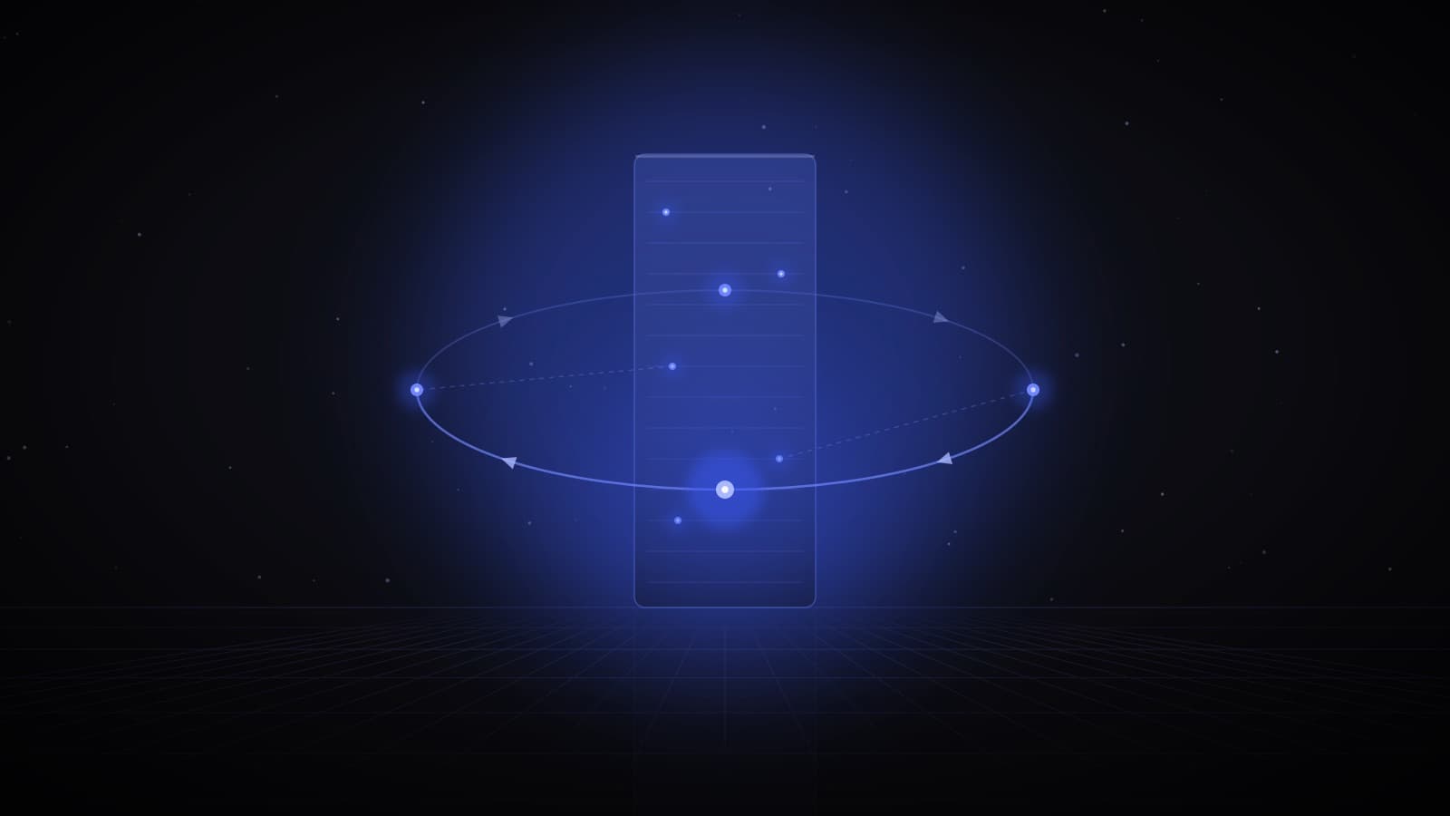 A glowing tower wrapped in a closed loop of light with arrows circling between sensor points — a building that senses, decides and adjusts itself