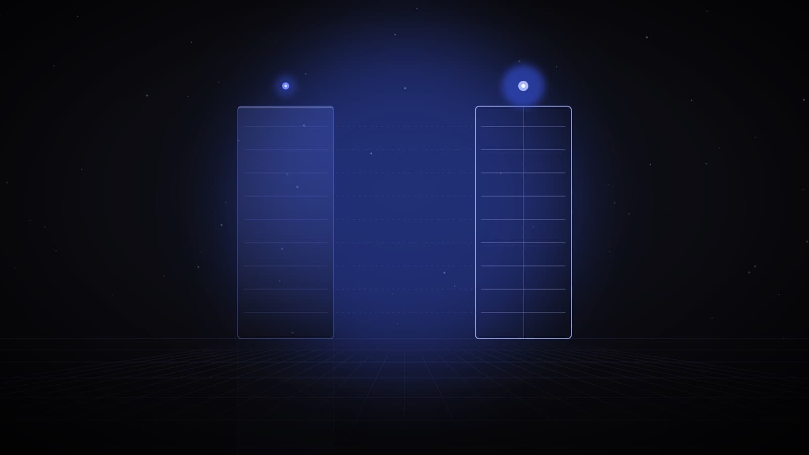 A glass tower beside its glowing wireframe twin, linked floor by floor with dotted lines — digital twins in real estate