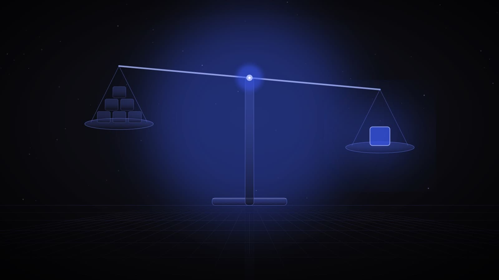 A glass balance scale with a stack of dark cubes on one side outweighed by a single glowing blue cube on the other — enterprise AI ROI