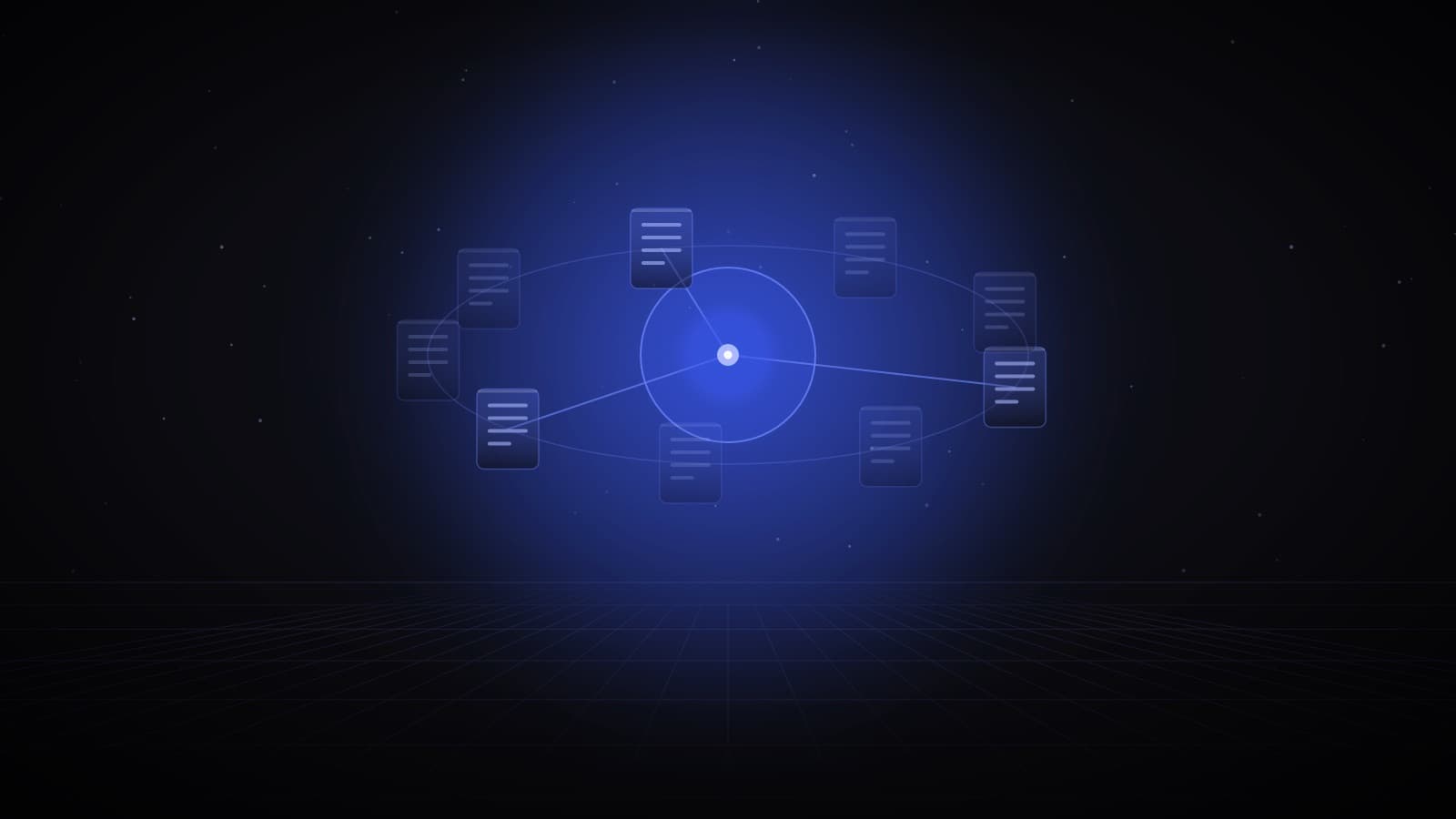 A glowing sphere of light threads quoting three of many glass document cards orbiting it — generative engine optimization
