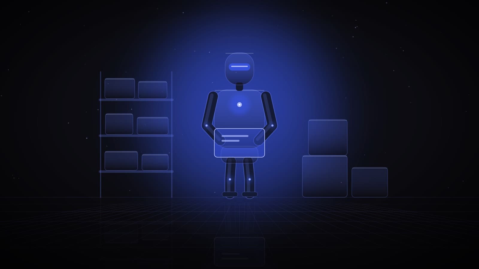 A glass humanoid robot carrying a tote beside warehouse racking — humanoid robots