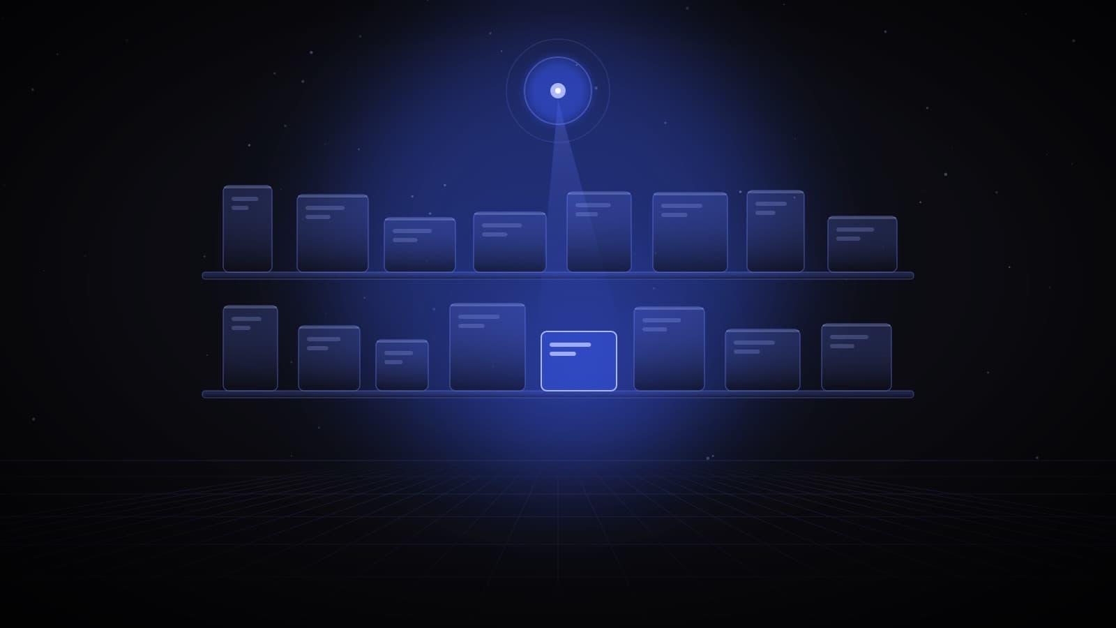 An AI agent's beam of light selecting one product from a shelf of glass boxes by reading its data — machine customers
