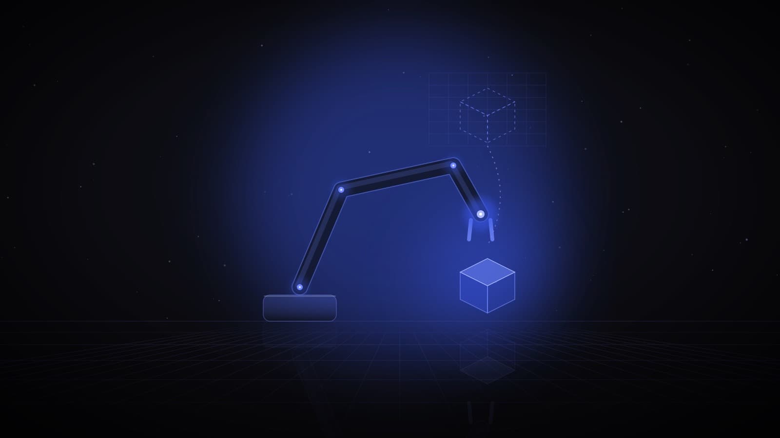A robotic arm reaching for a real glowing cube after rehearsing the move on a wireframe copy in a simulated grid — physical AI