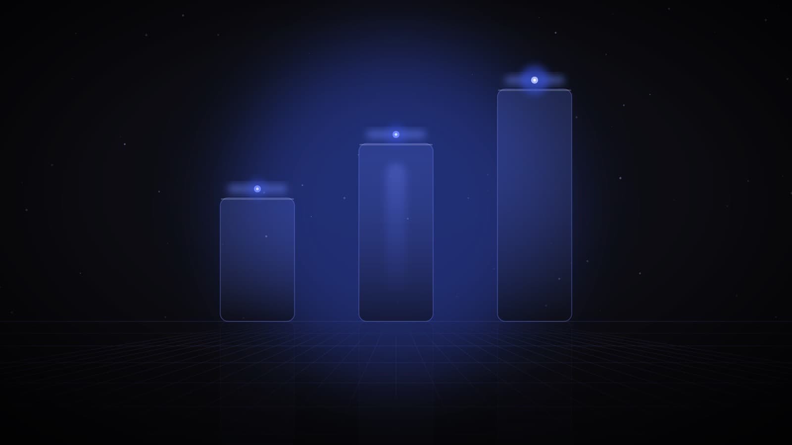 Three glowing glass pillars of rising height on a dark reflective floor — SEO vs AEO vs GEO