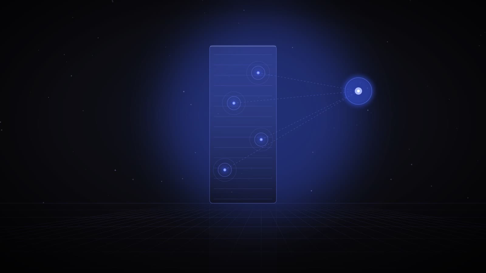 A glass tower with glowing sensor points linked by fine lines to a bright central hub — smart building AI