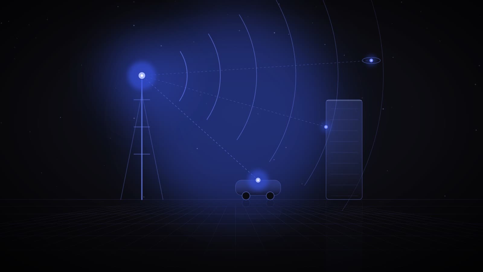 A radio mast sending widening waves across a dark grid, linked by dashed beams to a car, a tower block and a drone — 6G networks that connect and sense