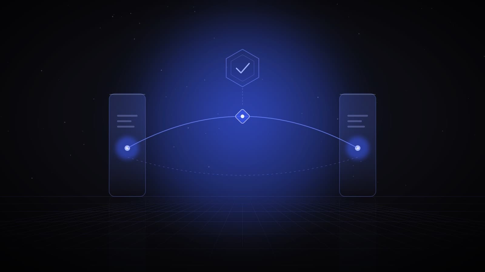 Two glass agents exchanging a glowing token beneath a seal of trust — agent-to-agent transactions
