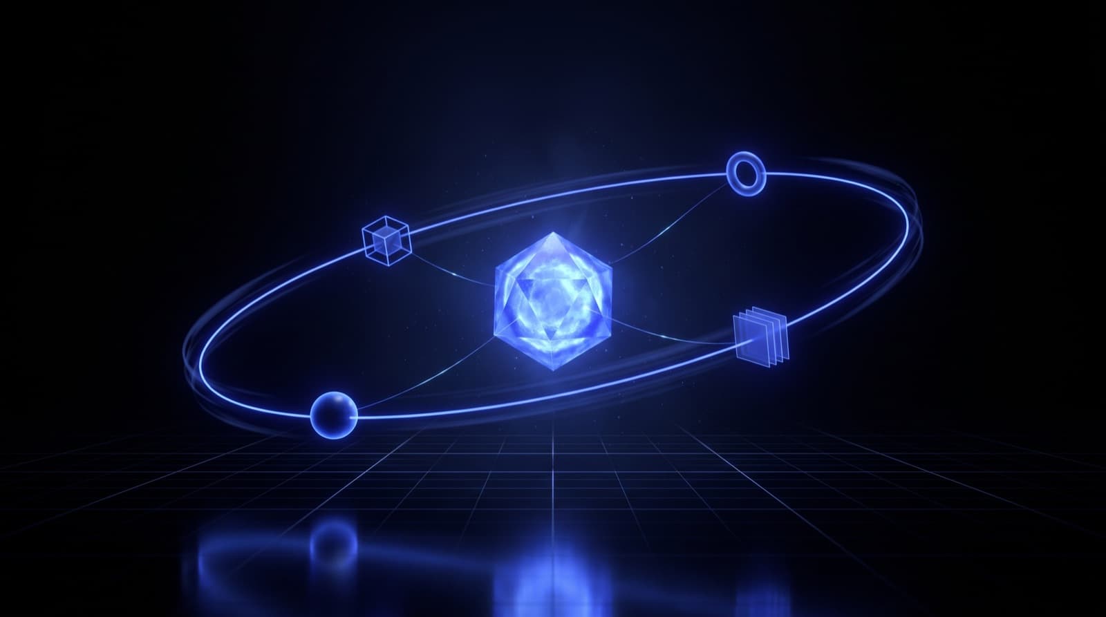 A glowing crystalline core orbited by a loop of light that passes through four tool stations — agentic AI explained