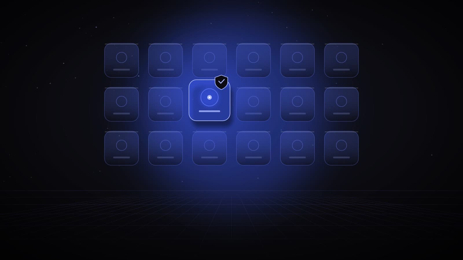 A wall of glass agent tiles with one lifted out, lit and carrying a verification shield — AI agent marketplaces