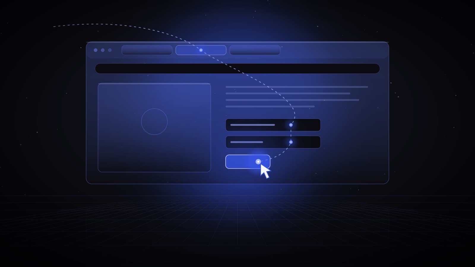 A browser window with an agent's dotted path running from a tab to form fields and a final lit button — AI browsers