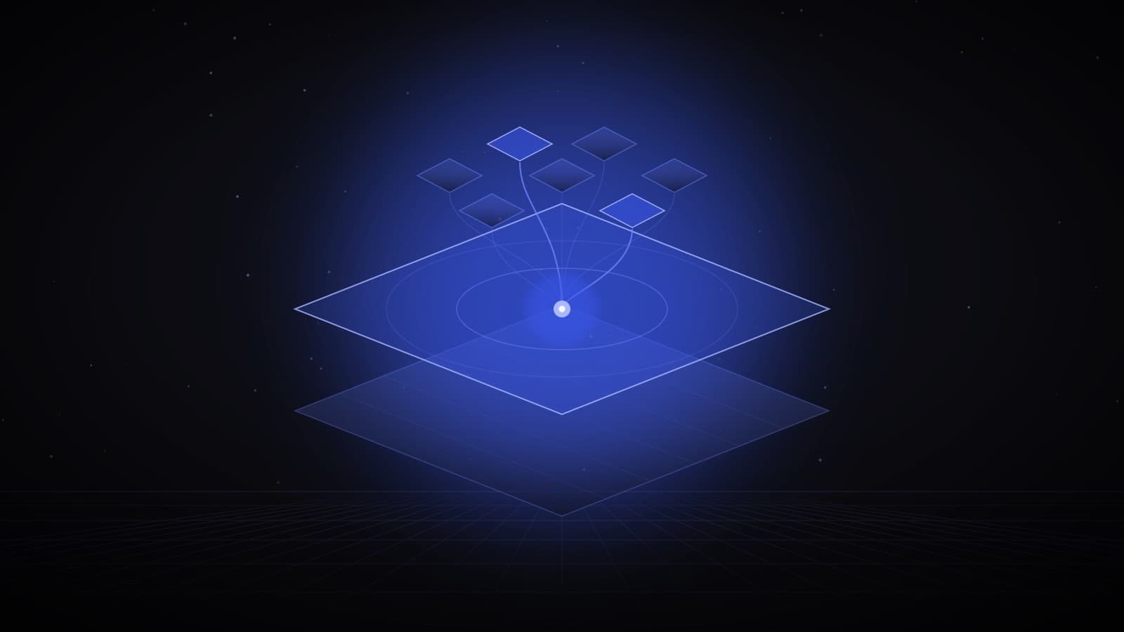 Stacked glass layers with a glowing agent layer in the middle pulling threads up to app tiles — AI-native operating systems
