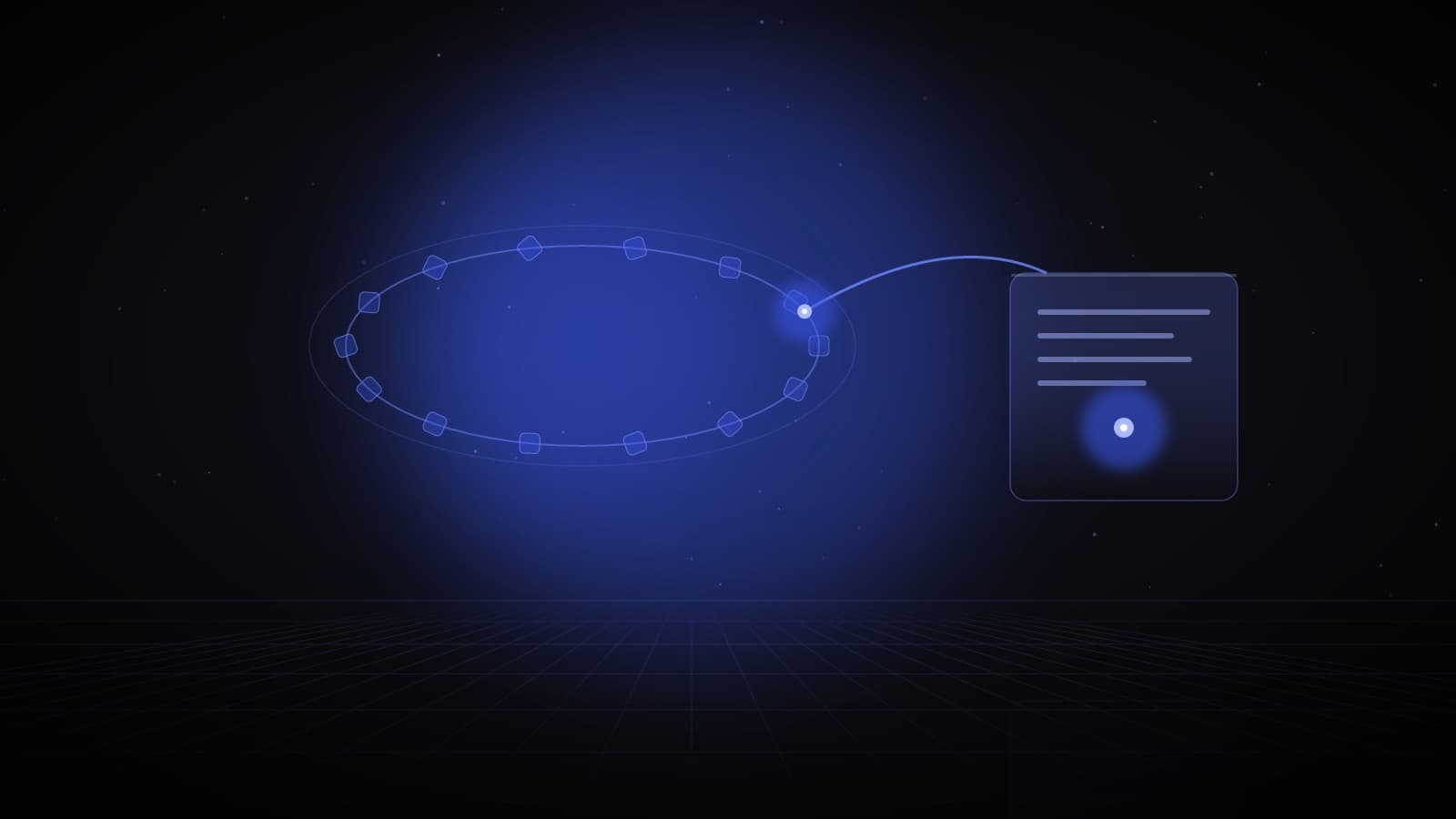 A ring of small glass tiles circling on a loop, with one glowing point breaking away along a bright arc into a solid panel — a single AI pilot escaping the loop into production