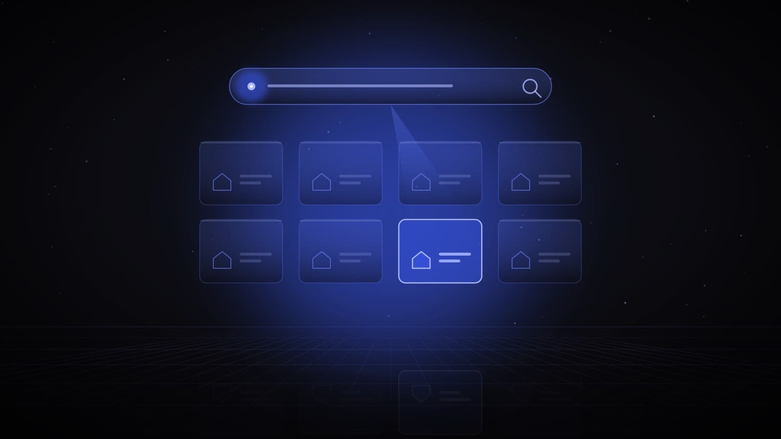 A glass search bar casting a beam of light onto one highlighted home card in a grid of eight property listings — AI property search picking out a match