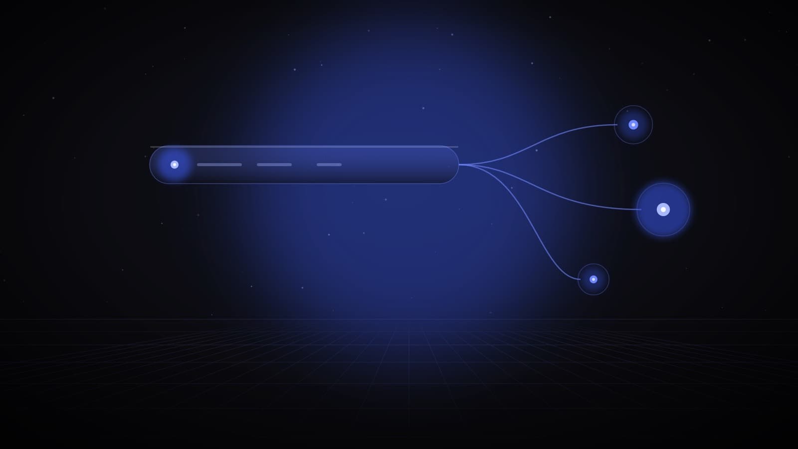 A glowing search bar whose query fans out along three threads of light to glowing source nodes — AI search