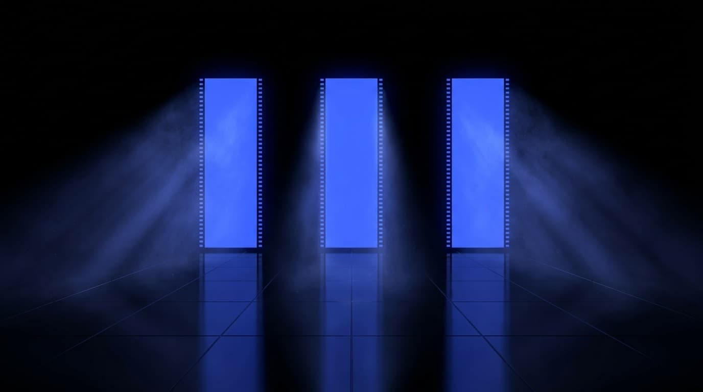 Three glowing vertical screens projecting light beams in a dark room — AI video generator guide