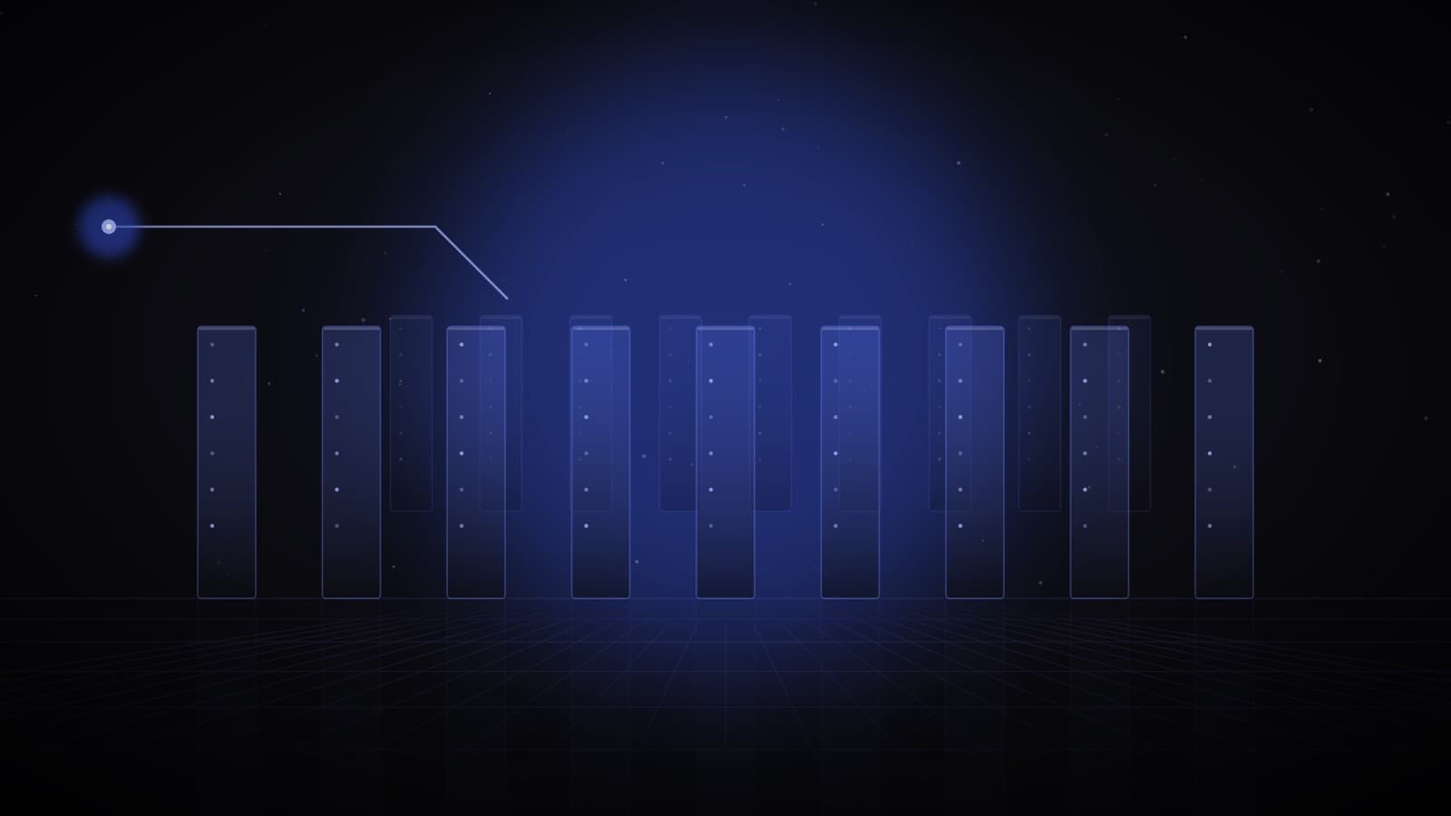 Rows of glowing server racks fed by a single power line from a bright node — data center real estate investment