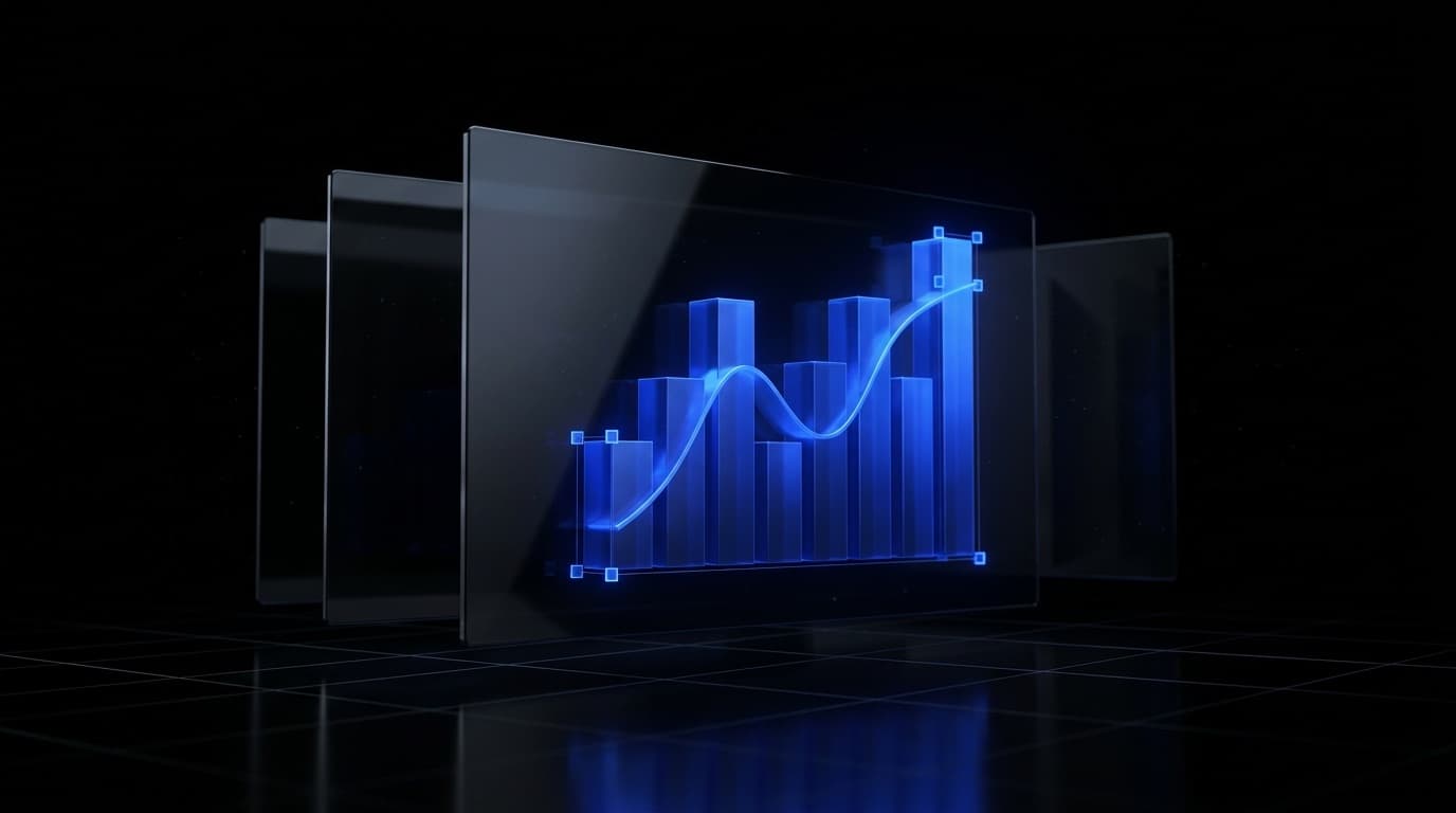 A glass presentation slide with a glowing 3D bar chart selected by edit handles — Kimi Slides guide