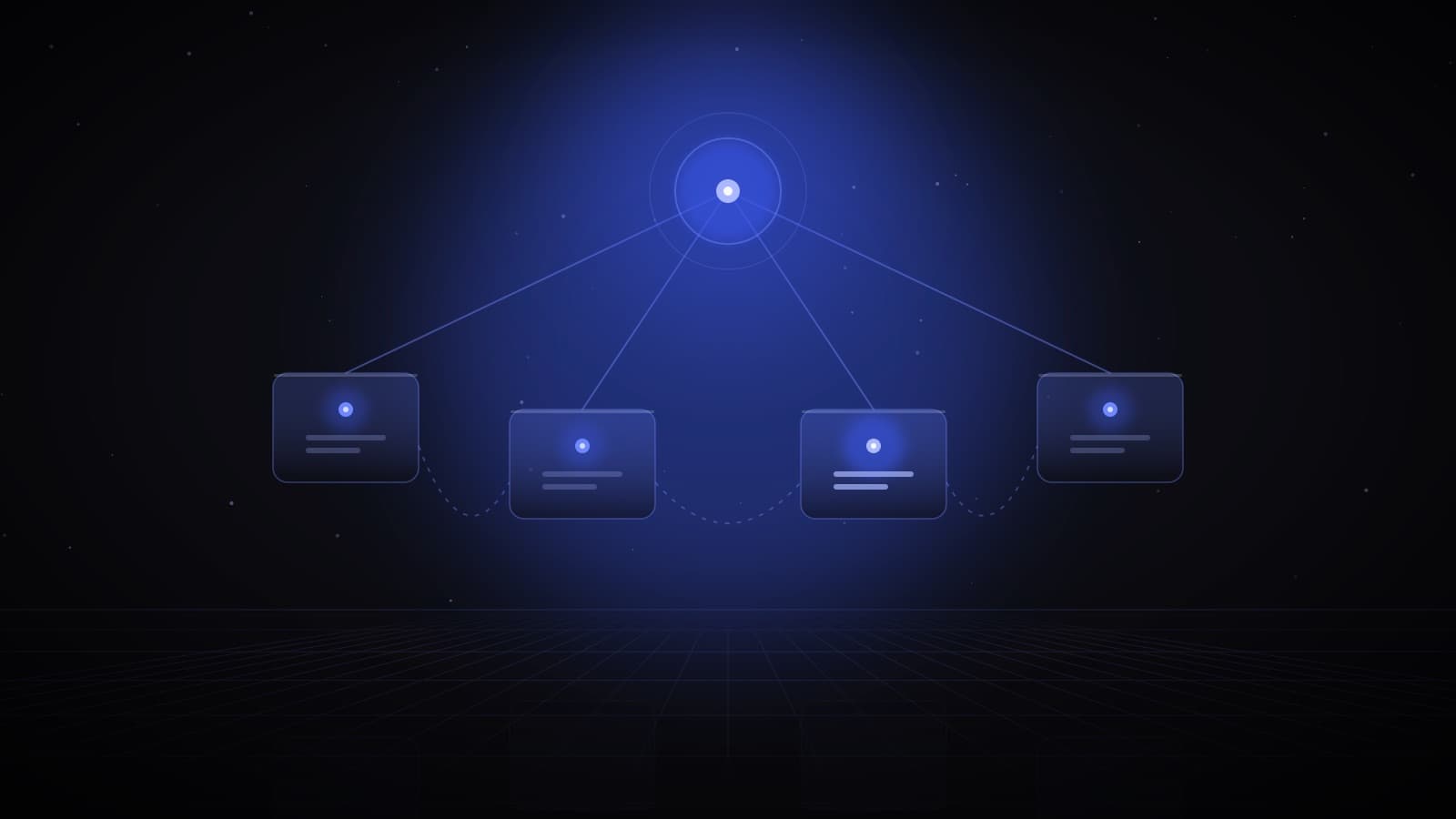 A bright supervisor node above four glass agent panels, linked by lines, with dashed handoff arcs between the agents — a team of AI agents