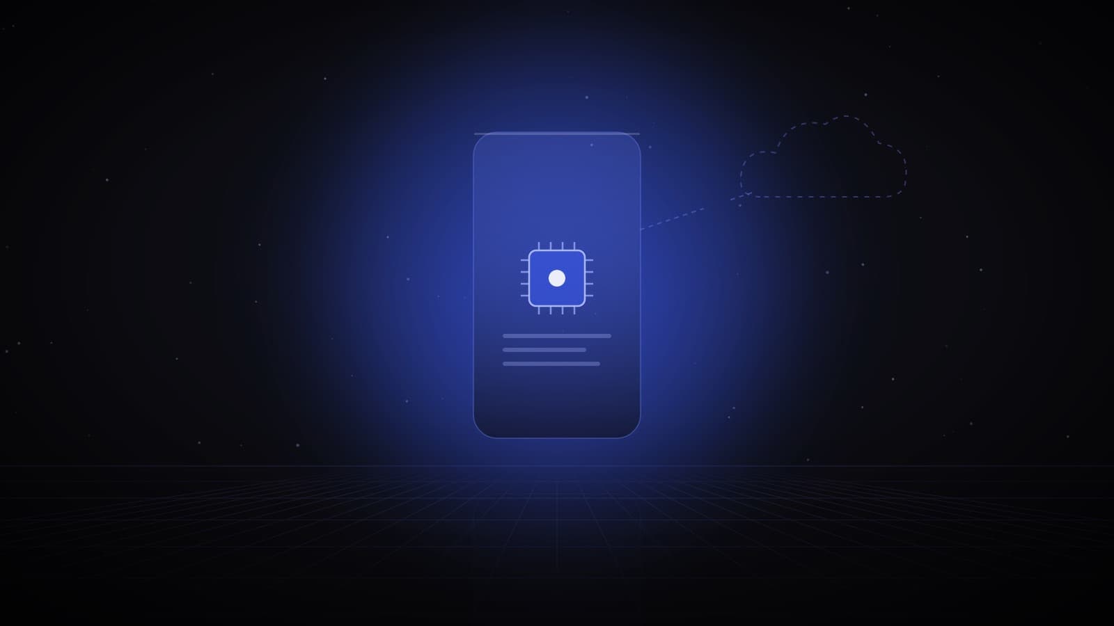 A glass phone with a glowing chip at its centre and a faint cloud off to the side, joined only by a broken dashed line — AI running on the device, with the cloud optional