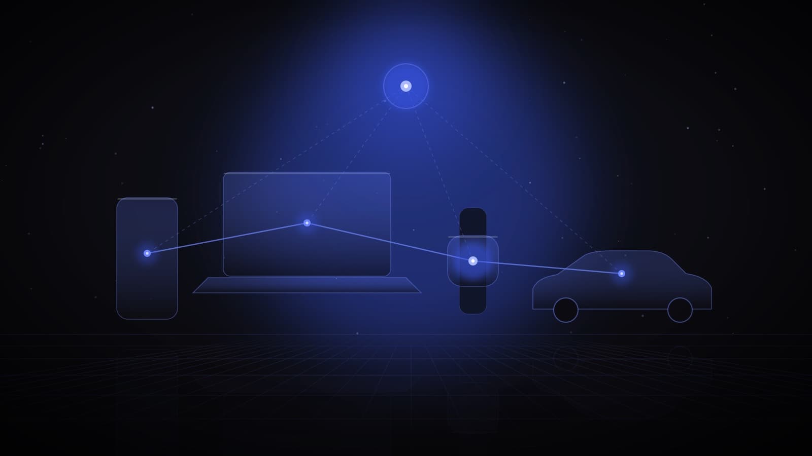One glowing agent thread running through a phone, laptop, watch and car — personal AI agents across devices