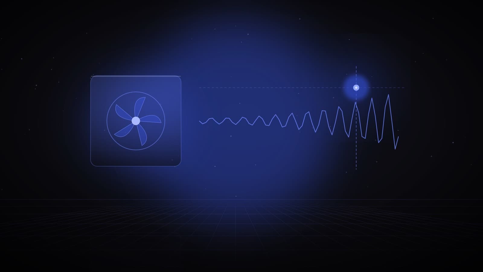 A glass fan unit beside a vibration trace that grows steadily larger until it crosses a dashed threshold, where a glowing marker flags it — a fault caught before failure