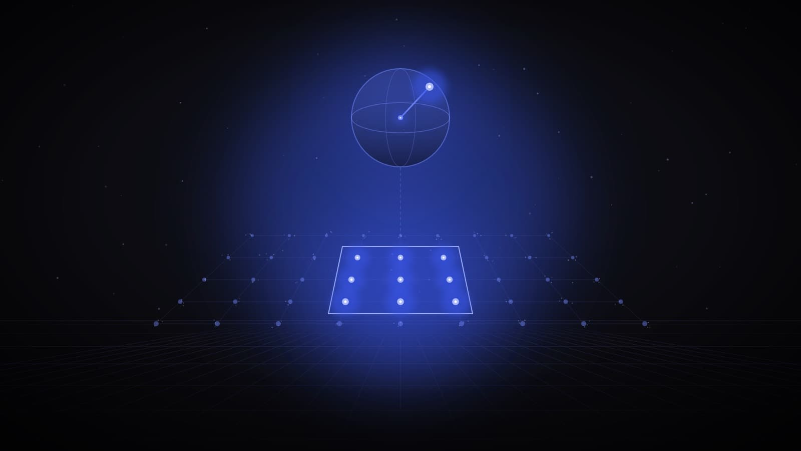 A glowing sphere above a bright patch of nine qubits in a much larger dim grid — many physical qubits working as one error-corrected logical qubit