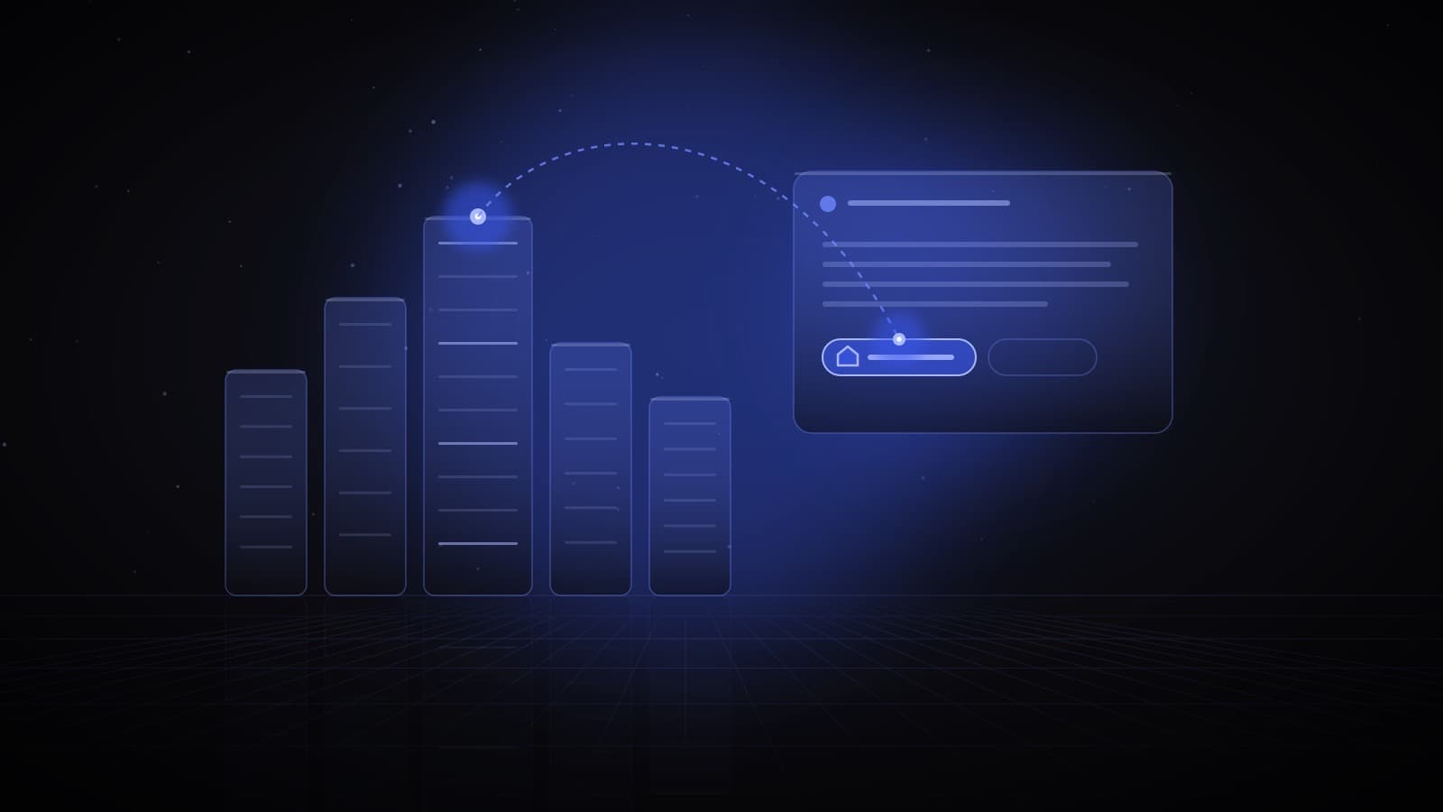 A skyline of glass towers where one lit tower is linked by a dashed line to a citation chip inside an AI answer card — a property firm cited by AI search