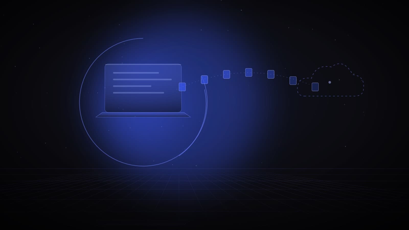 A glowing glass laptop with a trail of fading document tiles drifting along a dashed arc towards an outside cloud — company data slipping out through unapproved AI tools