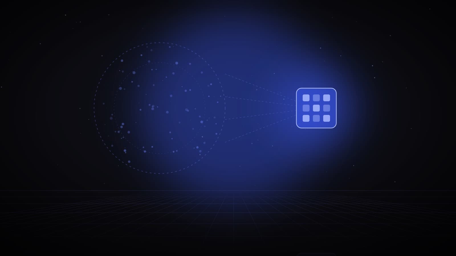A large, dim sphere of scattered nodes narrowing through dashed lines into a small, bright chip-like cube — a compact model distilled from a much larger one