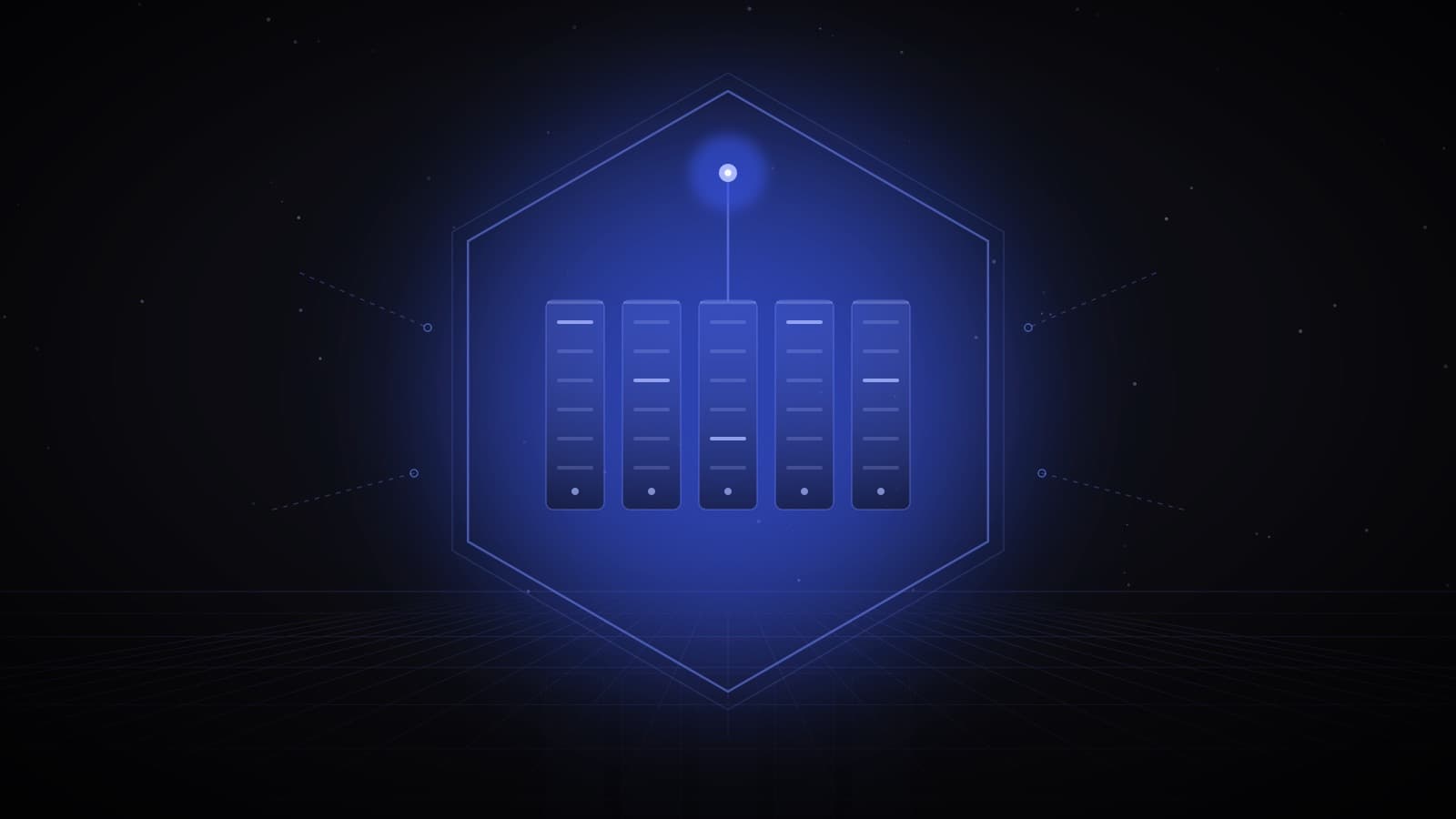 Five glowing server racks inside a large hexagonal boundary, with dashed lines from outside stopping at its edge — national AI infrastructure behind a sovereign perimeter