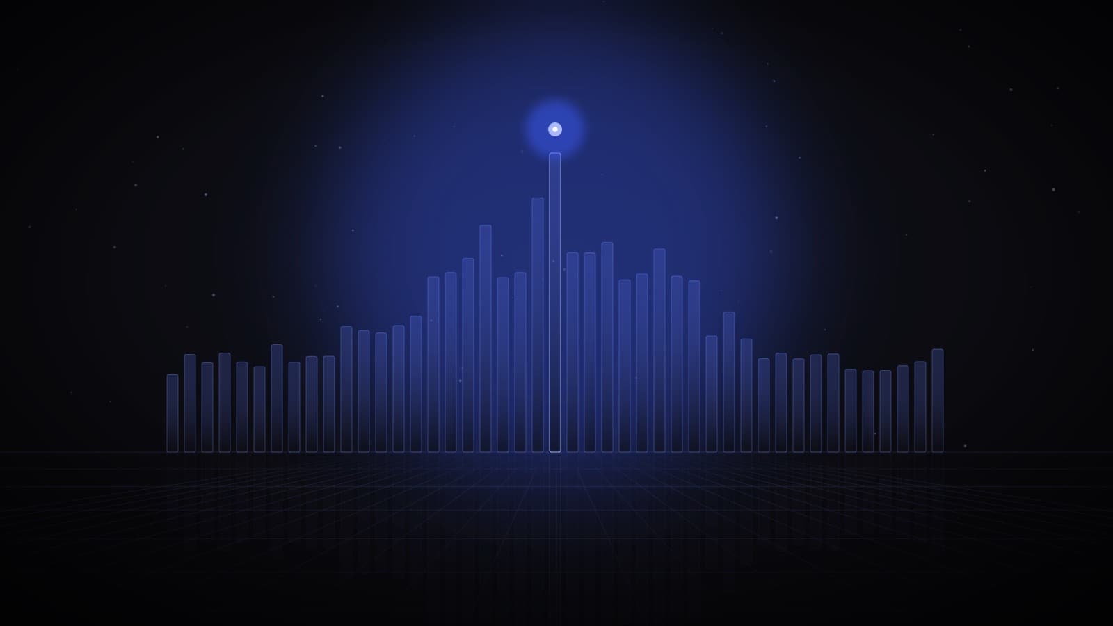 A sound wave of glass bars rising from a dark floor like a city skyline, its tallest peak lit — voice AI for real estate