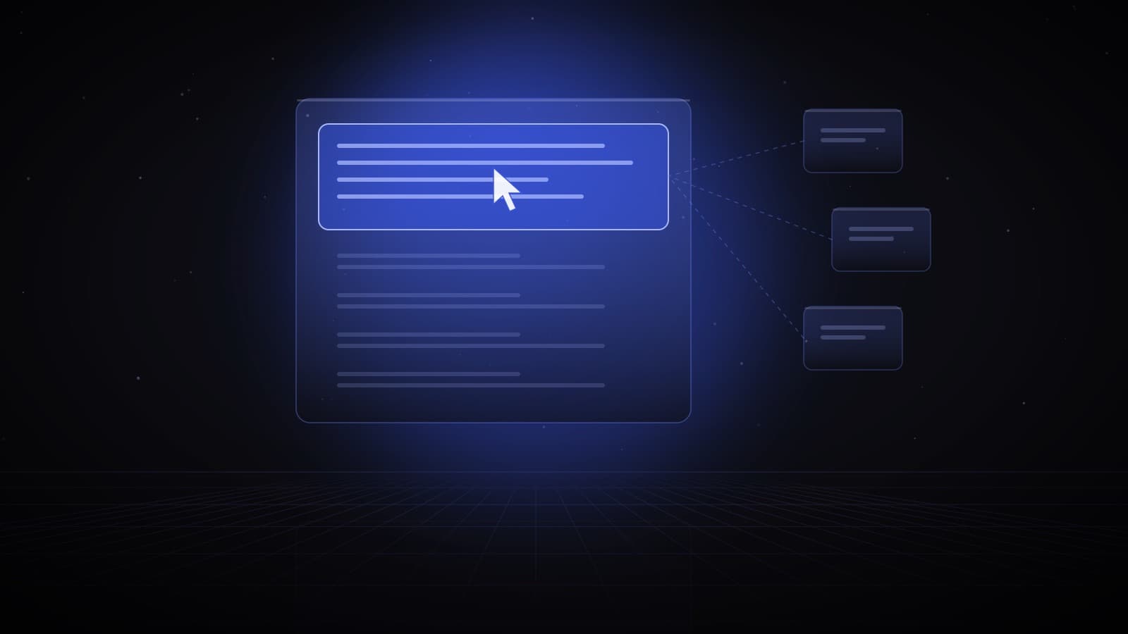 A glass search results page with a glowing answer box and a cursor resting on it, while three website cards to the side connect only by faint dashed lines — the answer is read, the sites aren't visited